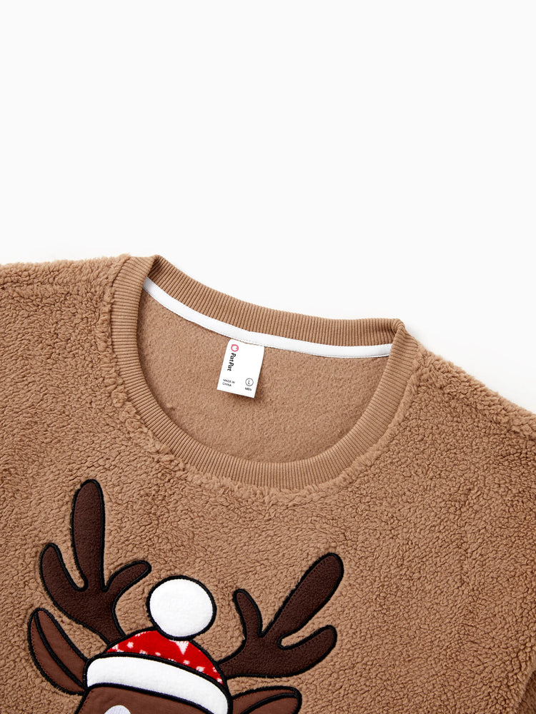 Brown Reindeer Sweatshirts Fluffy Sherpa Fleece Long Sleeves Tops Brown