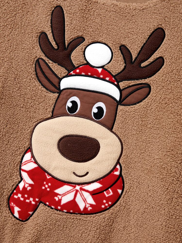 Brown Reindeer Sweatshirts Fluffy Sherpa Fleece Long Sleeves Tops Brown