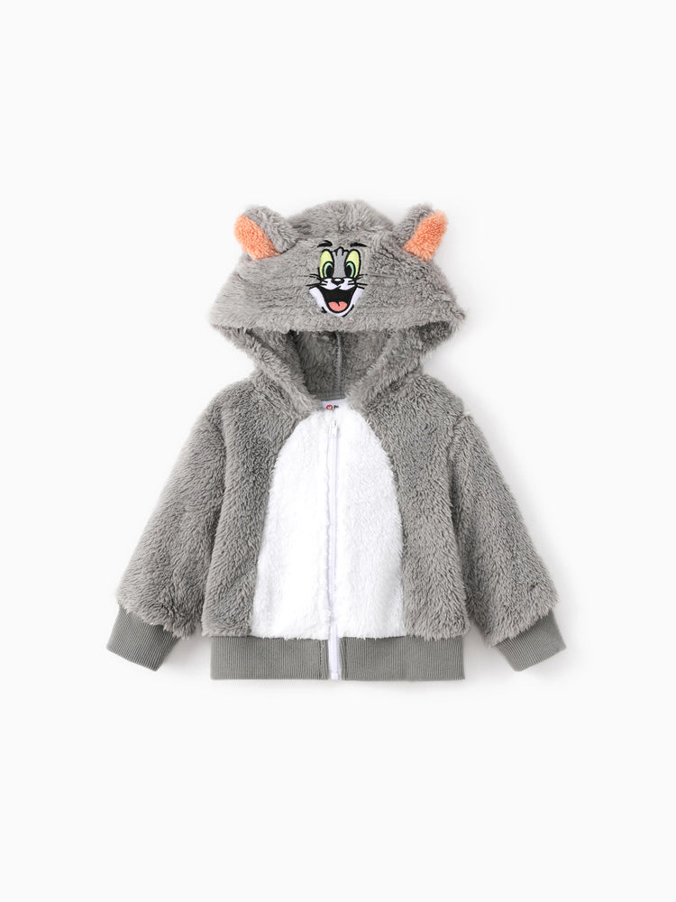 Tom and Jerry Baby/Toddler Character Embroidered Plush Hooded Coat With 3D Ears Grey