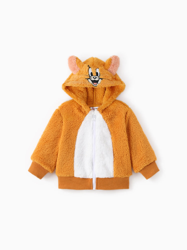 Manteau à capuche en peluche brodé Tom et Jerry pour bébé/enfant avec oreilles 3D Jaune/Brun
