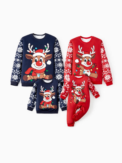 Sweat-shirt renne de Noël assorti aux tenues familiales de couleurs rouge et bleu (manches longues) Bloc de couleurs
