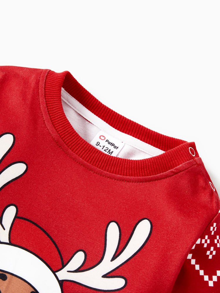 Sweat-shirt renne de Noël assorti aux tenues familiales de couleurs rouge et bleu (manches longues) Bloc de couleurs