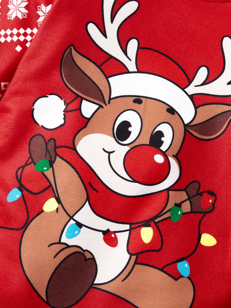 Sweat-shirt renne de Noël assorti aux tenues familiales de couleurs rouge et bleu (manches longues) Bloc de couleurs