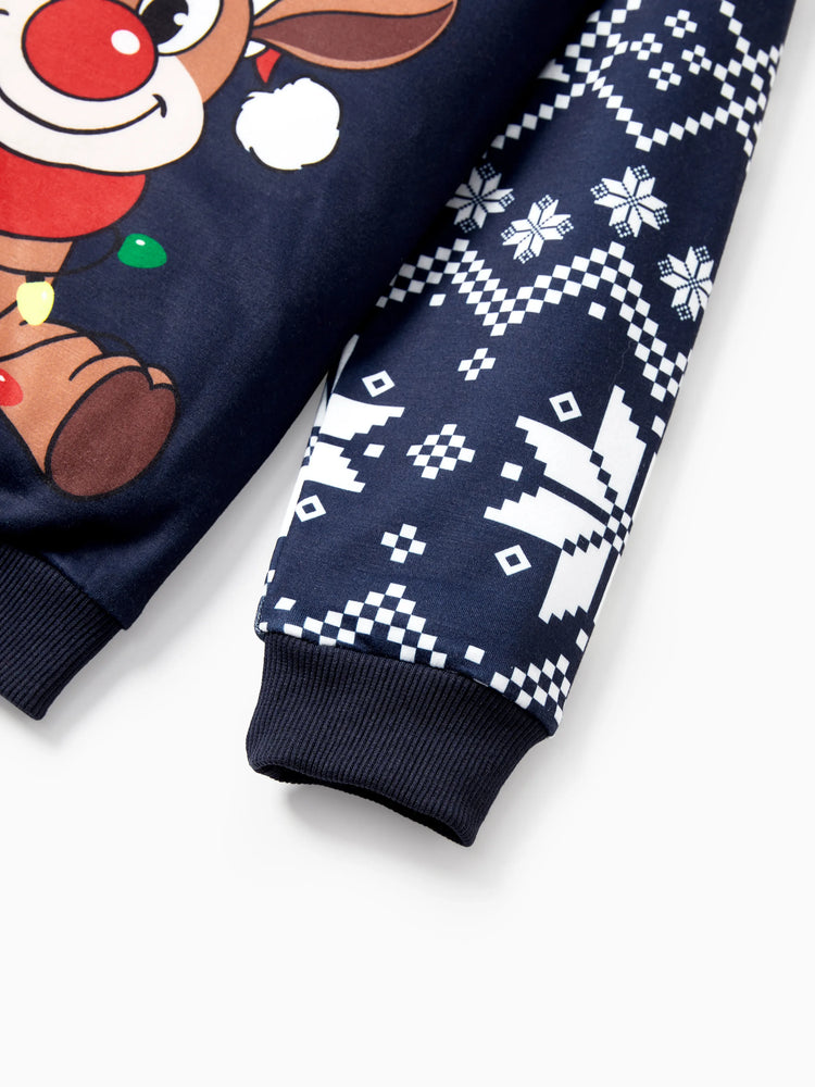 Sweat-shirt renne de Noël assorti aux tenues familiales de couleurs rouge et bleu (manches longues) Bloc de couleurs