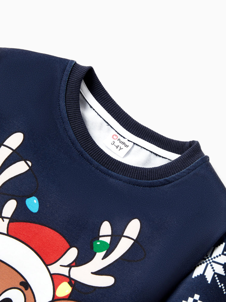 Sweat-shirt renne de Noël assorti aux tenues familiales de couleurs rouge et bleu (manches longues) Bloc de couleurs