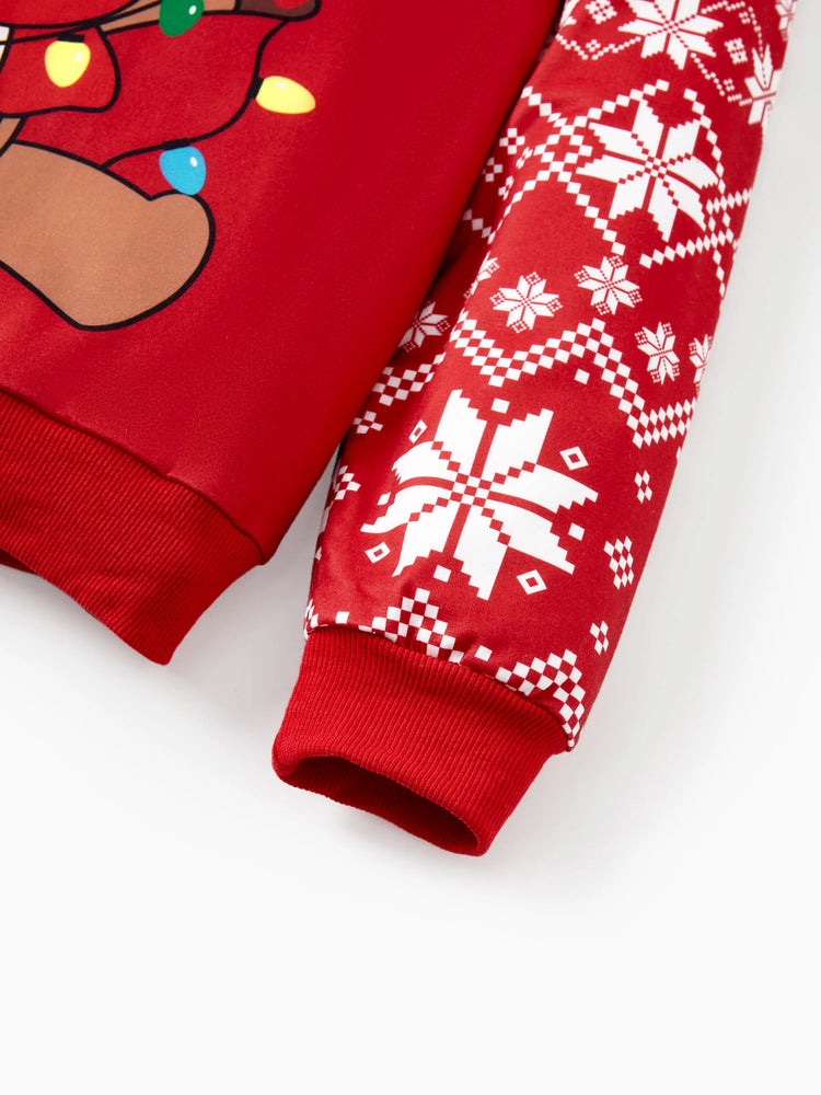 Sweat-shirt renne de Noël assorti aux tenues familiales de couleurs rouge et bleu (manches longues) Bloc de couleurs