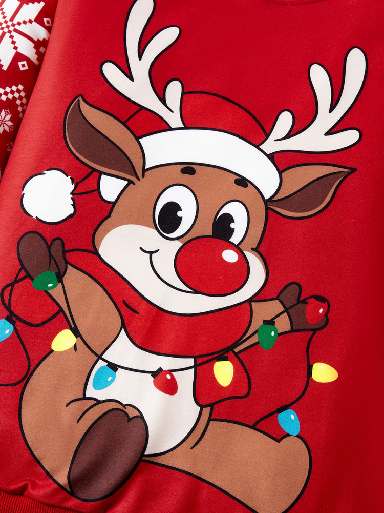 Sweat-shirt renne de Noël assorti aux tenues familiales de couleurs rouge et bleu (manches longues) Bloc de couleurs