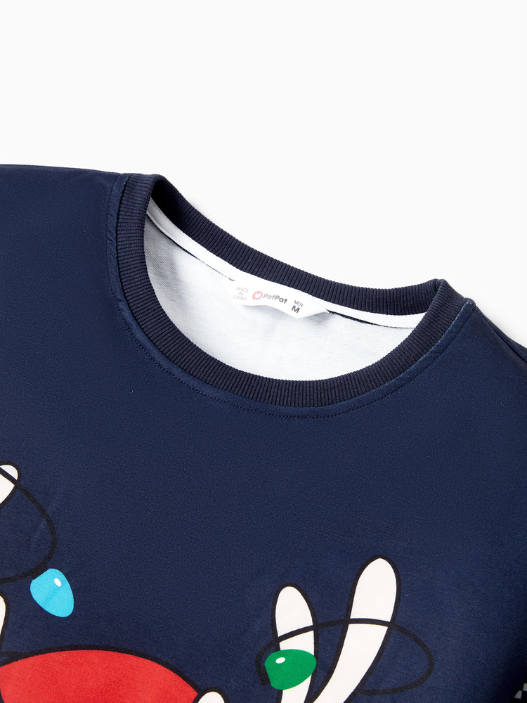 Sweat-shirt renne de Noël assorti aux tenues familiales de couleurs rouge et bleu (manches longues) Bloc de couleurs