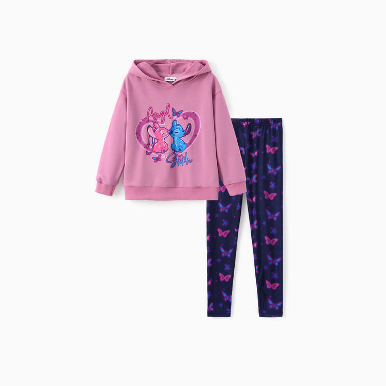 Disney Stitch Kid Girl 2pcs Cotton Character Heart Butterfly Pattern Hoodie And Naia? Leggings Set Pink purple