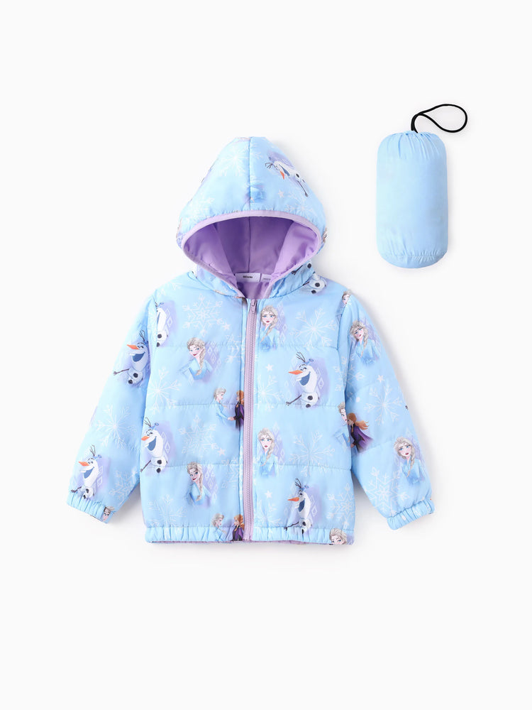 Disney Frozen Toddler Girl 2pcs Elsa&Olaf Snowflakes Print Hooded Jacket Coat With Storage Bag 
 Blue