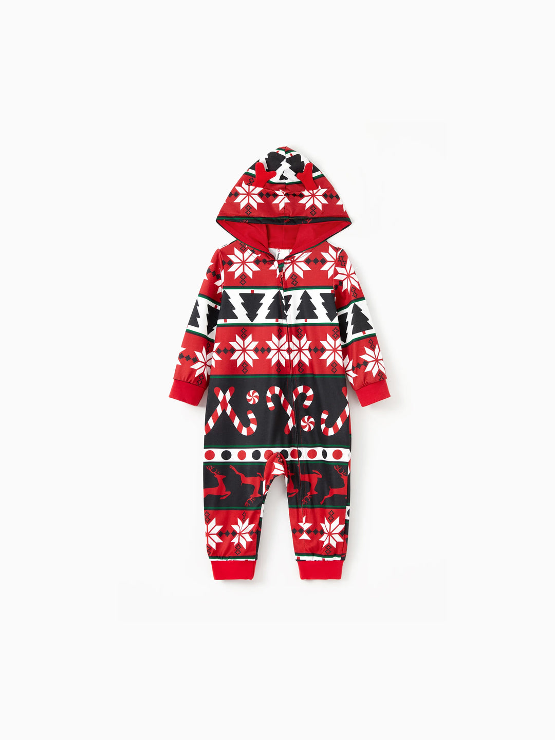 Pyjama de Noël à capuche et fermeture éclair, motif renne 3D, tenues familiales assorties, rouge/noir