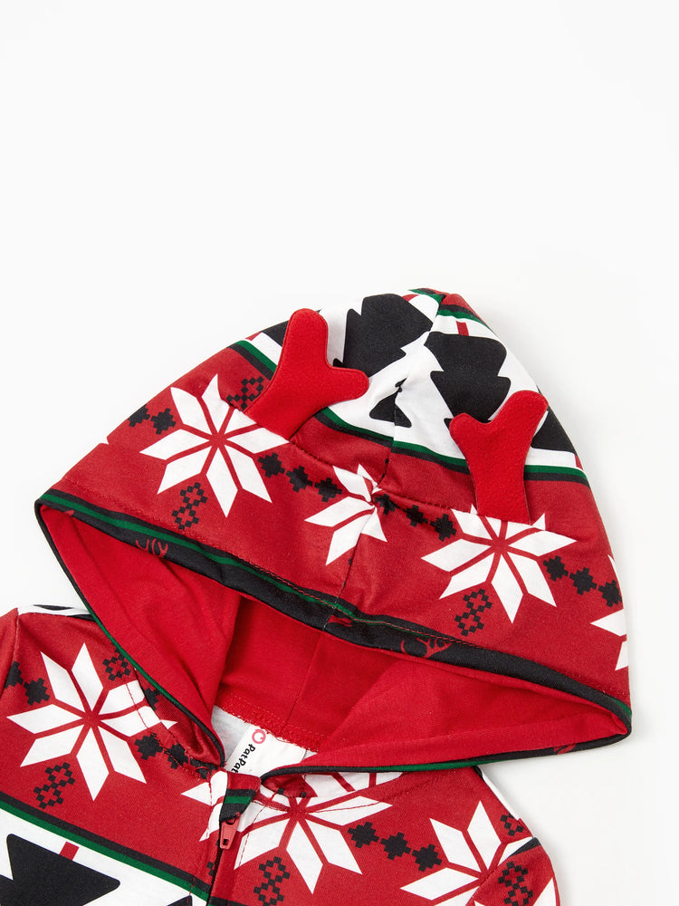Pyjama de Noël à capuche et fermeture éclair, motif renne 3D, tenues familiales assorties, rouge/noir