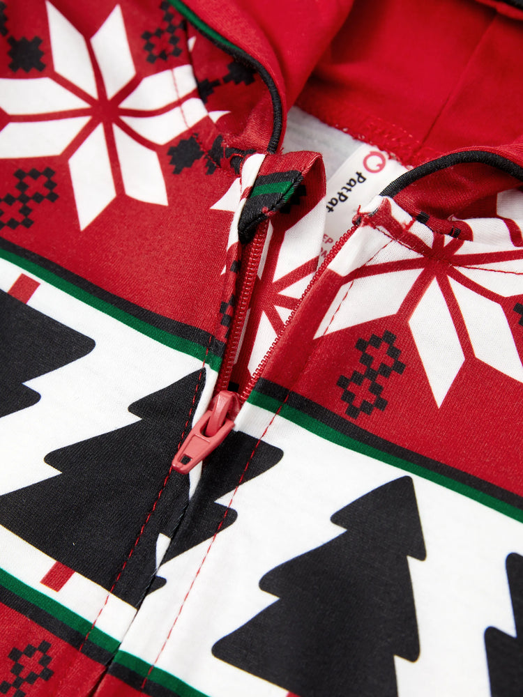 Pyjama de Noël à capuche et fermeture éclair, motif renne 3D, tenues familiales assorties, rouge/noir