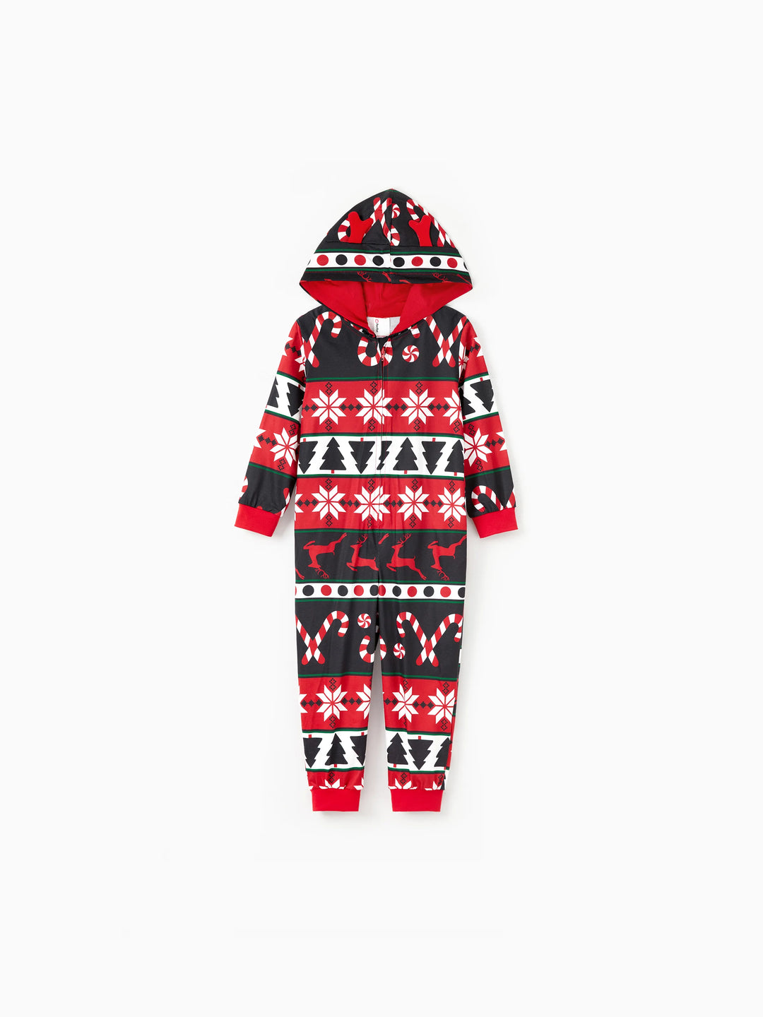 Pyjama de Noël à capuche et fermeture éclair, motif renne 3D, tenues familiales assorties, rouge/noir