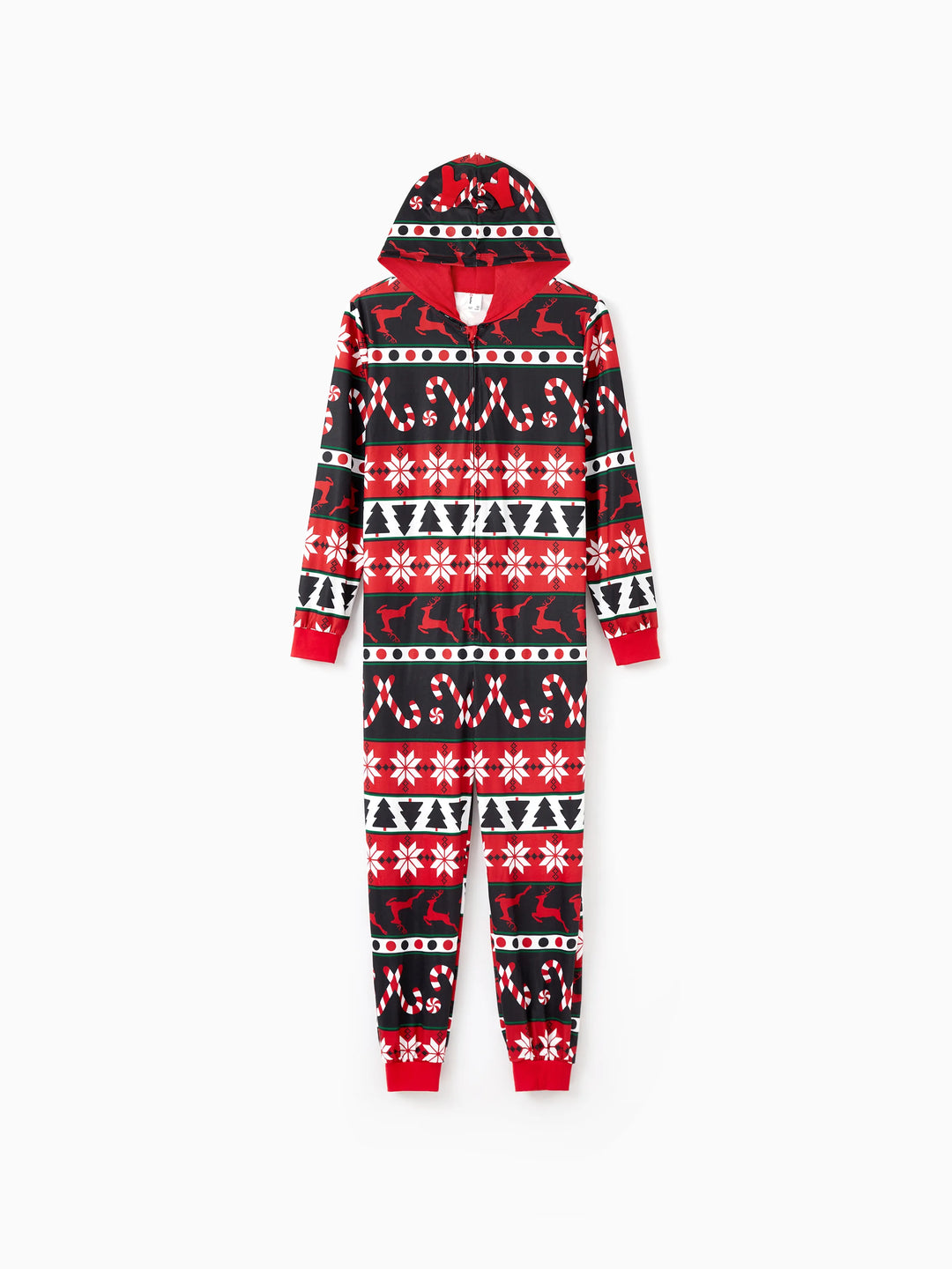 Pyjama de Noël à capuche et fermeture éclair, motif renne 3D, tenues familiales assorties, rouge/noir
