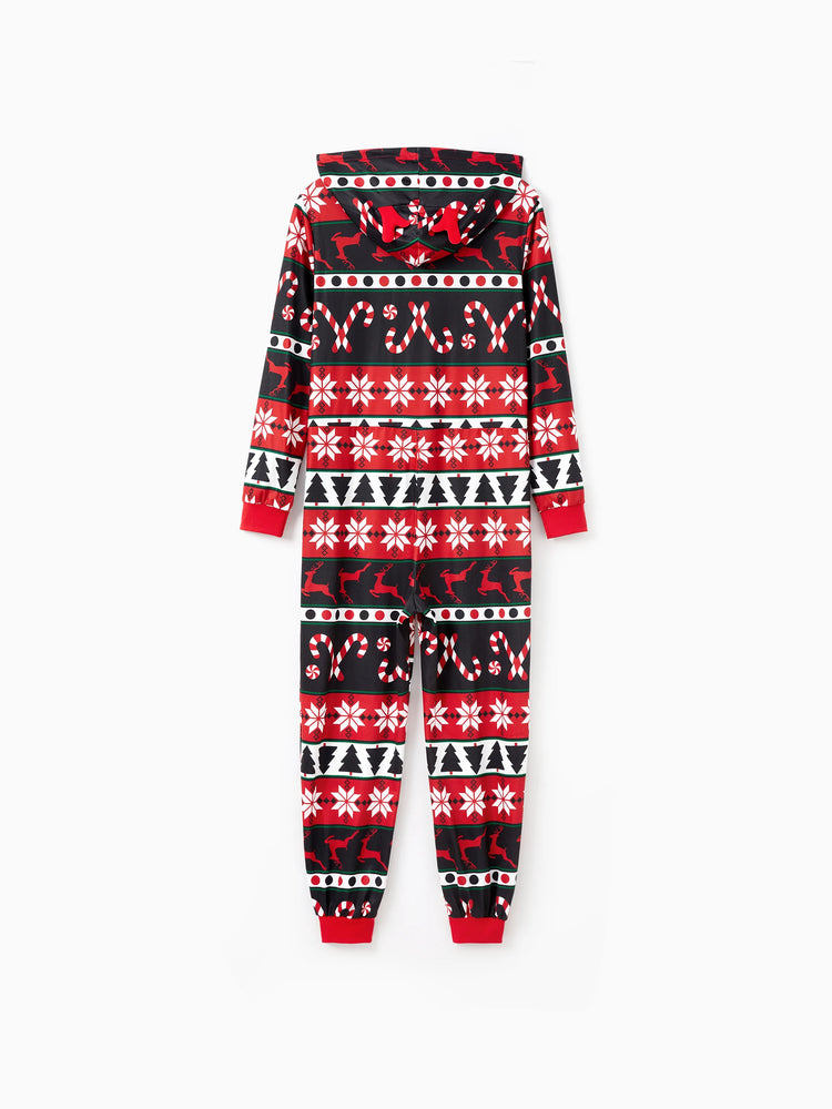 Pyjama de Noël à capuche et fermeture éclair, motif renne 3D, tenues familiales assorties, rouge/noir