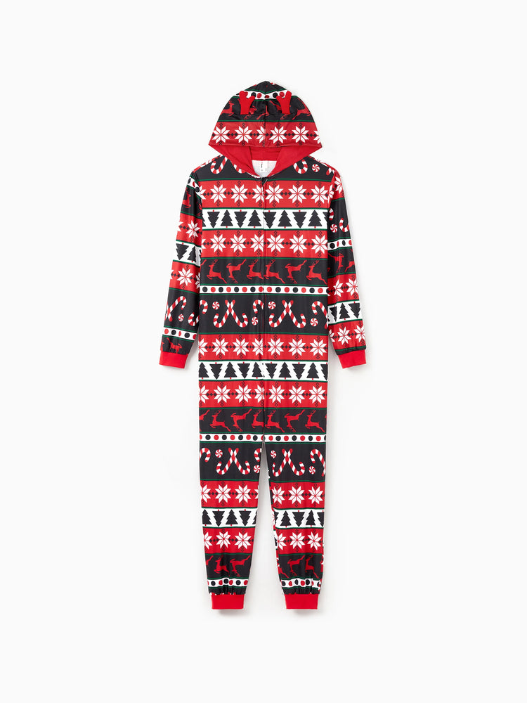 Pyjama de Noël à capuche et fermeture éclair, motif renne 3D, tenues familiales assorties, rouge/noir