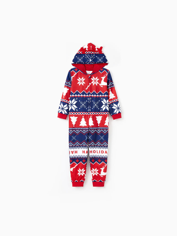 Christmas Matching Family Pajamas Set 3D Reindeer Hooded Allover Snowflake Print Red and Blue Onesie PJS with Christmas Socks Red-2