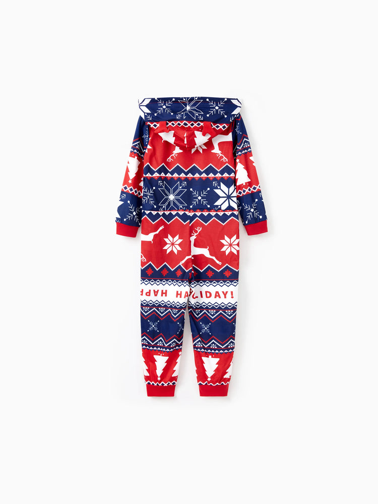Christmas Matching Family Pajamas Set 3D Reindeer Hooded Allover Snowflake Print Red and Blue Onesie PJS with Christmas Socks Red-2