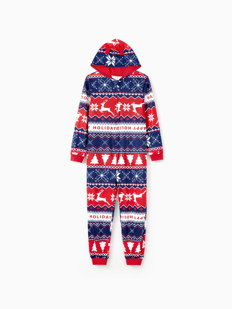 Christmas Matching Family Pajamas Set 3D Reindeer Hooded Allover Snowflake Print Red and Blue Onesie PJS with Christmas Socks Red-2