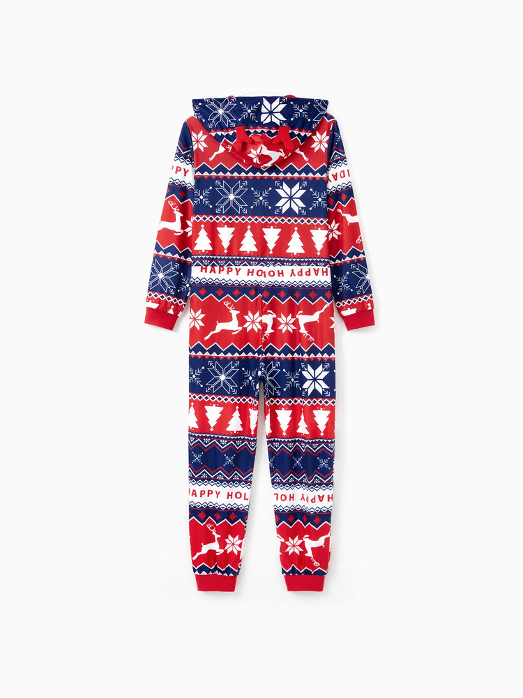 Christmas Matching Family Pajamas Set 3D Reindeer Hooded Allover Snowflake Print Red and Blue Onesie PJS with Christmas Socks Red-2