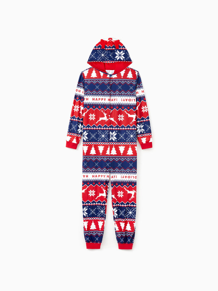Christmas Matching Family Pajamas Set 3D Reindeer Hooded Allover Snowflake Print Red and Blue Onesie PJS with Christmas Socks Red-2