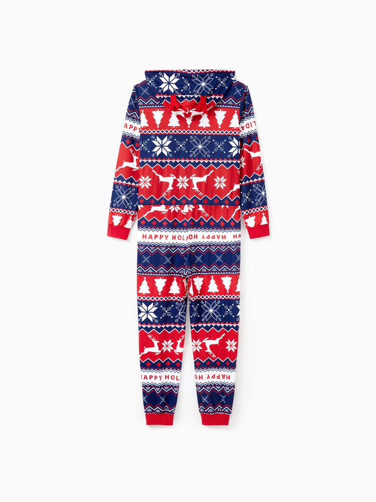 Christmas Matching Family Pajamas Set 3D Reindeer Hooded Allover Snowflake Print Red and Blue Onesie PJS with Christmas Socks Red-2