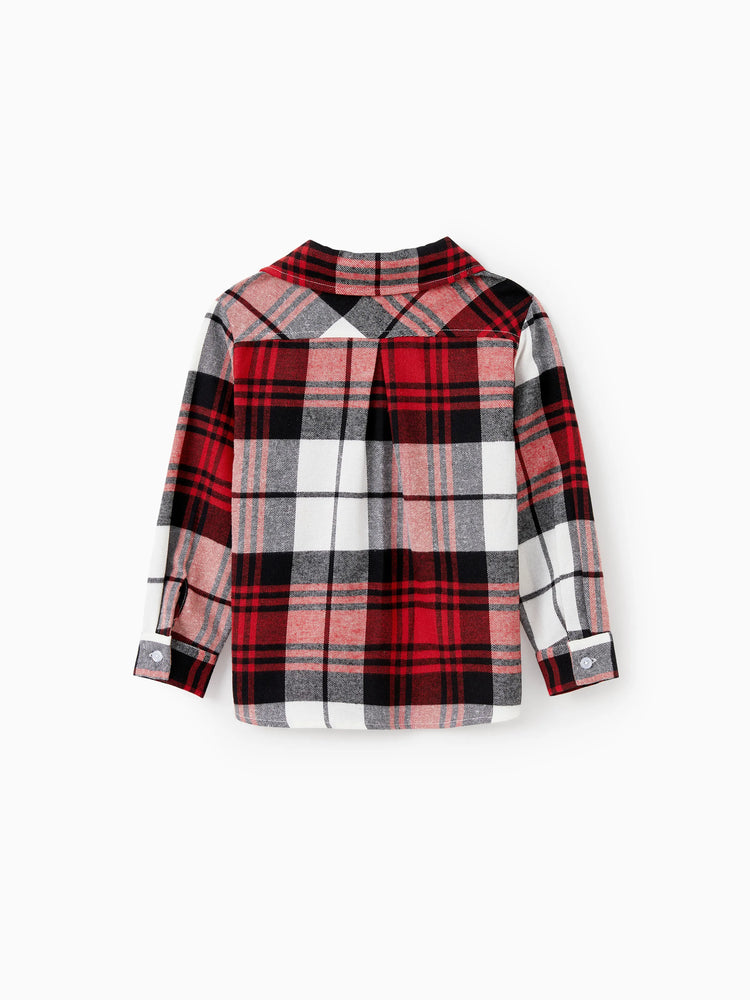 Ensembles assortis pour toute la famille : chemises à carreaux et robes rouges en maille épissée avec ceinture bordeaux