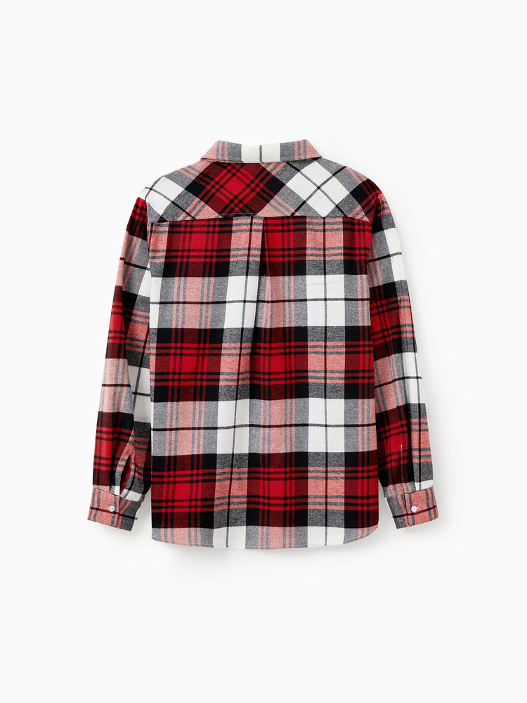 Ensembles assortis pour toute la famille : chemises à carreaux et robes rouges en maille épissée avec ceinture bordeaux