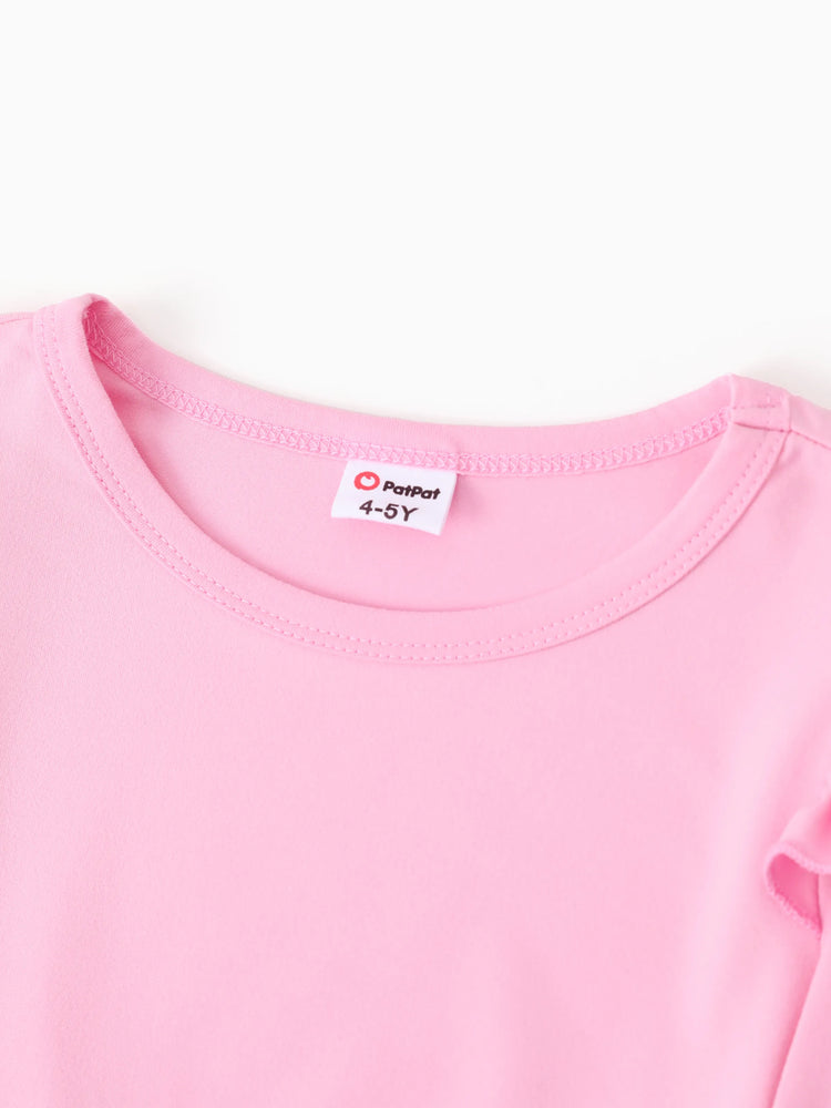 2-piece Kid Girl Bowknot Ruffled Long-sleeves Tee and Flower Allover Print Pants Pink