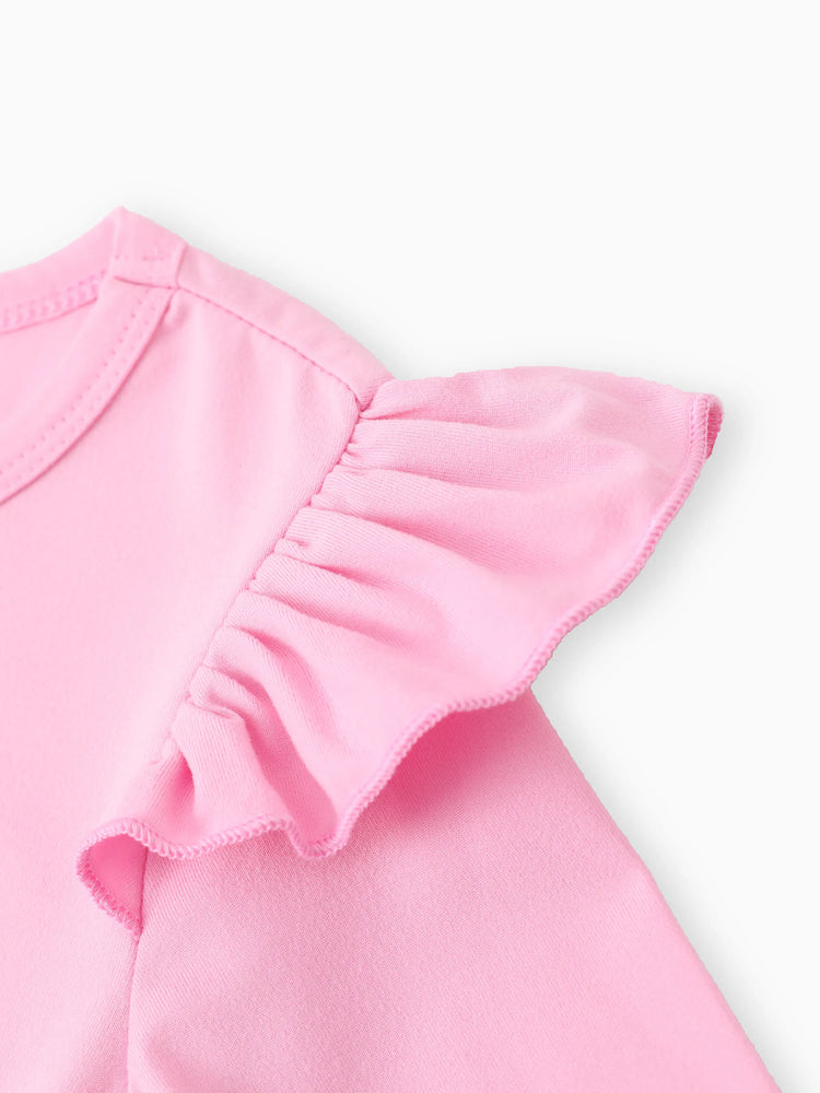 2-piece Kid Girl Bowknot Ruffled Long-sleeves Tee and Flower Allover Print Pants Pink