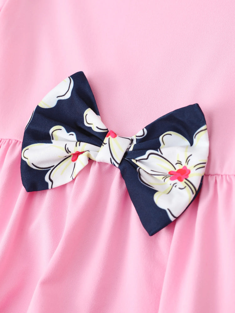 2-piece Kid Girl Bowknot Ruffled Long-sleeves Tee and Flower Allover Print Pants Pink