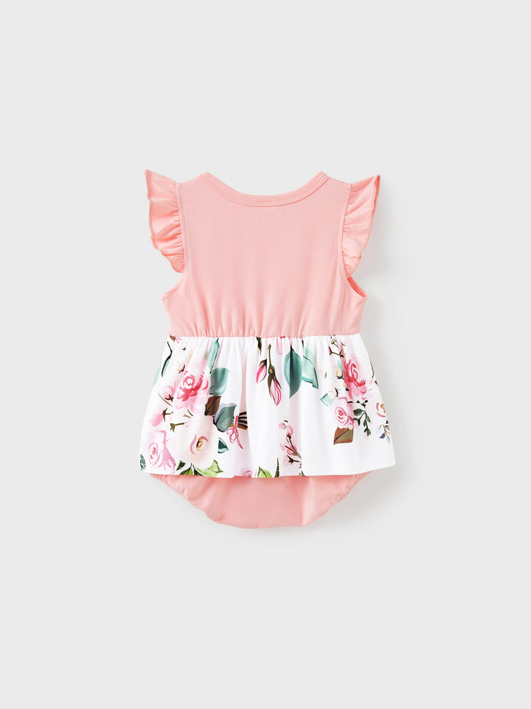 Mommy and Me Family Matching Pink Sleeveless Splicing Floral Print Midi Dresses and Colorblock Short-sleeve Polo Shirts Sets Pink
