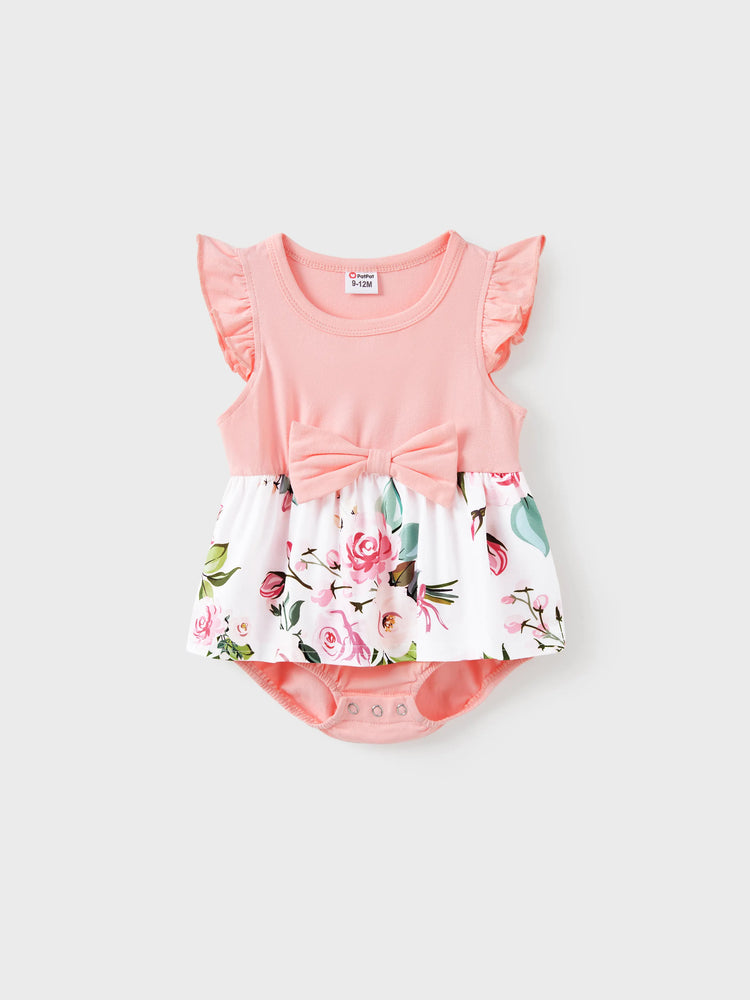 Mommy and Me Family Matching Pink Sleeveless Splicing Floral Print Midi Dresses and Colorblock Short-sleeve Polo Shirts Sets Pink