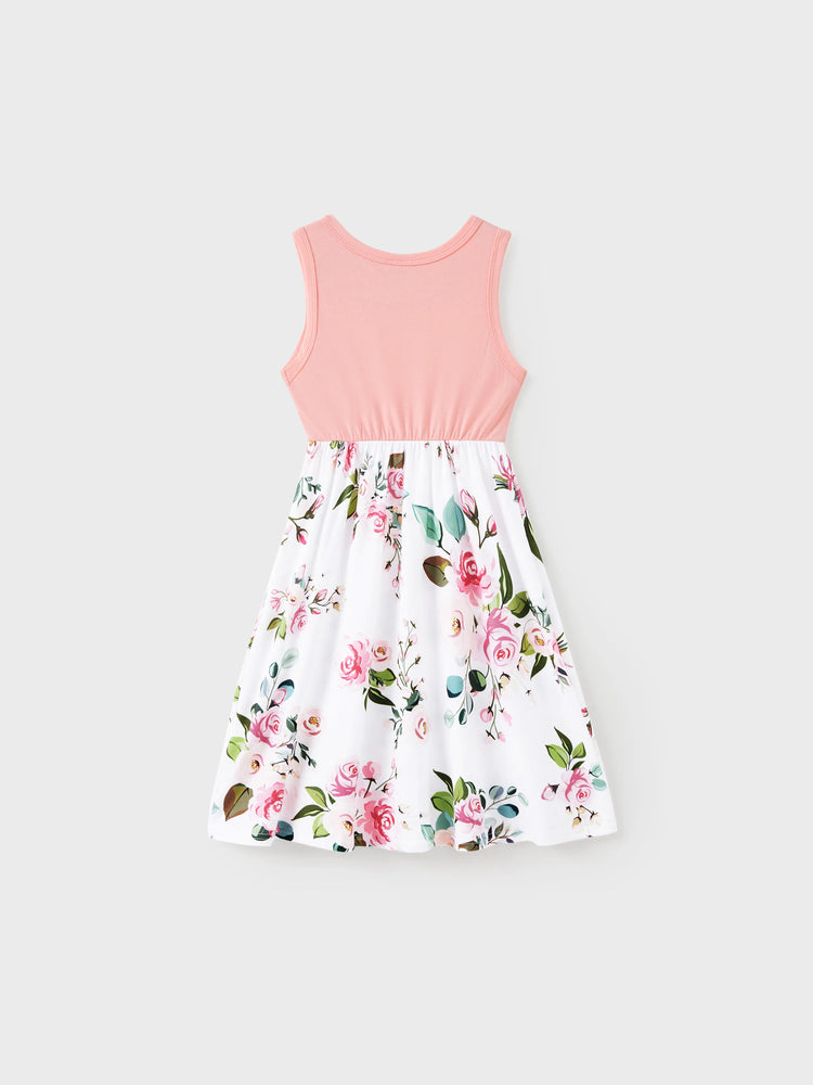 Mommy and Me Family Matching Pink Sleeveless Splicing Floral Print Midi Dresses and Colorblock Short-sleeve Polo Shirts Sets Pink