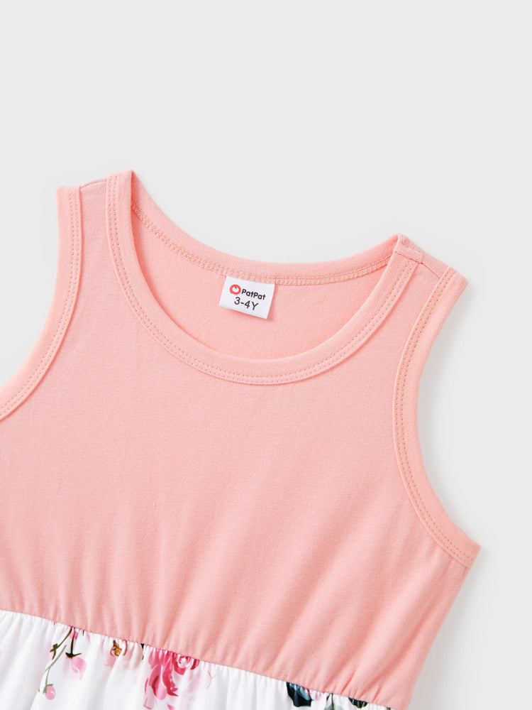 Ensembles assortis pour toute la famille : robes mi-longues roses sans manches à imprimé floral et polos à manches courtes colorblock