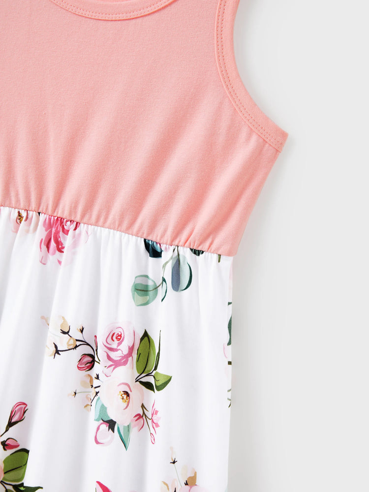 Mommy and Me Family Matching Pink Sleeveless Splicing Floral Print Midi Dresses and Colorblock Short-sleeve Polo Shirts Sets Pink