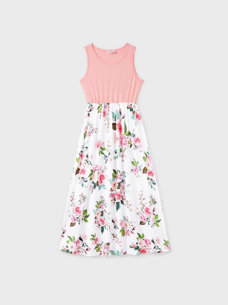 Mommy and Me Family Matching Pink Sleeveless Splicing Floral Print Midi Dresses and Colorblock Short-sleeve Polo Shirts Sets Pink