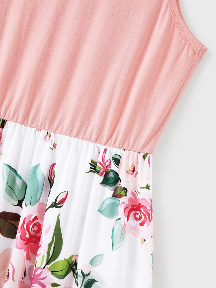 Mommy and Me Family Matching Pink Sleeveless Splicing Floral Print Midi Dresses and Colorblock Short-sleeve Polo Shirts Sets Pink