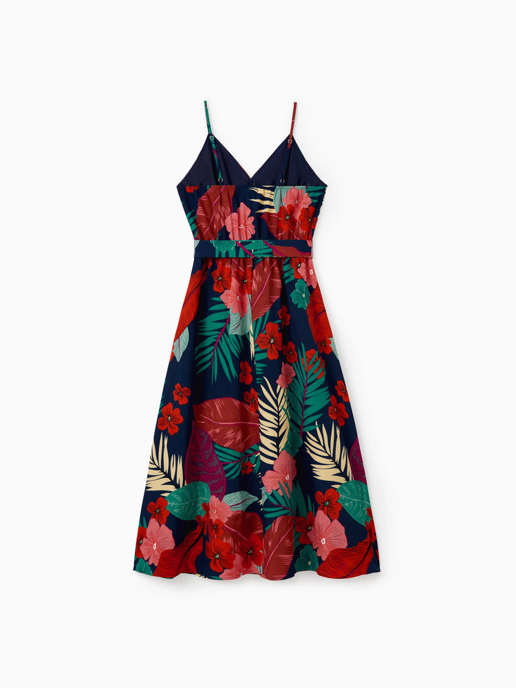 Ensembles familiaux assortis T-shirt noir à empiècements floraux et robe à bretelles à col en V avec bouton-pression caché Bleu foncé