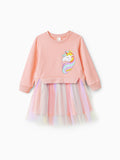 Kleinkind Mädchen süßes Faux-Two Einhorn-Print-Mesh-Splice-Kleid rosa