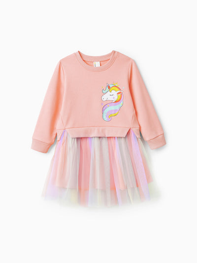 Robe de fée rose à imprimé licorne et fausses fleurs pour petite fille