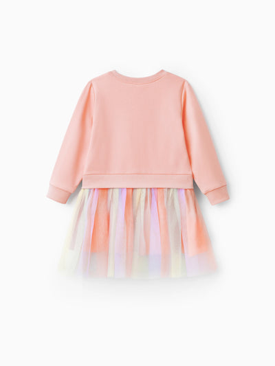 Toddler Girl Sweet Faux-two Unicorn Print Mesh Splice Fairy Dress Pink