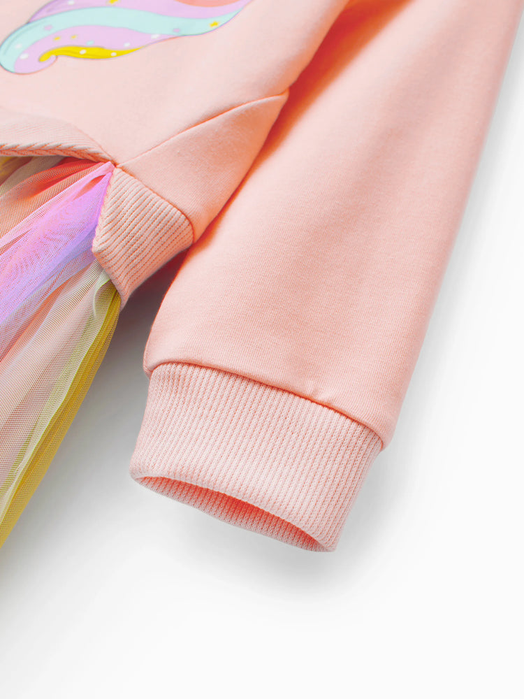 Kleinkind Mädchen süßes Faux-Two Einhorn-Print-Mesh-Splice-Kleid rosa