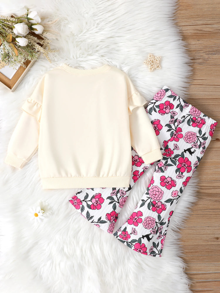 Ensemble 2 pièces pour petite fille avec sweat-shirt à volants et pantalon évasé à fleurs, couleur bloc