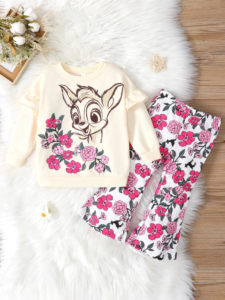 Ensemble 2 pièces pour petite fille avec sweat-shirt à volants et pantalon évasé à fleurs, couleur bloc