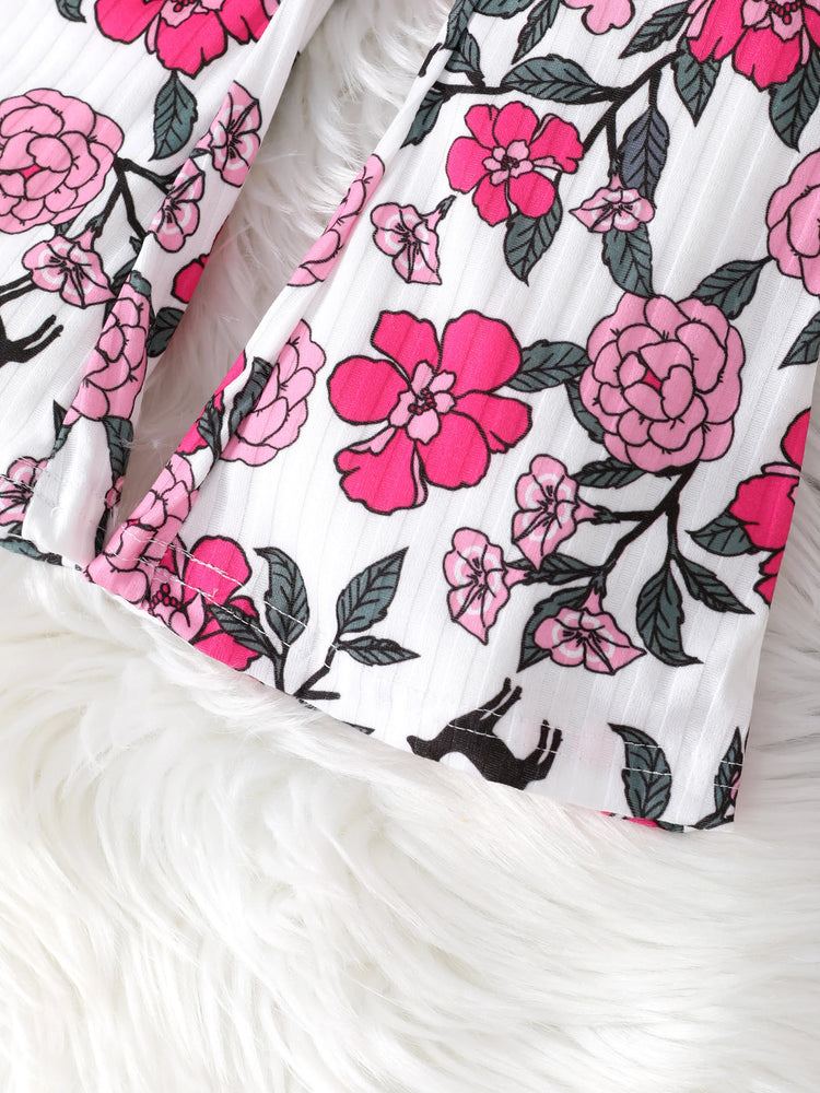 Ensemble 2 pièces pour petite fille avec sweat-shirt à volants et pantalon évasé à fleurs, couleur bloc