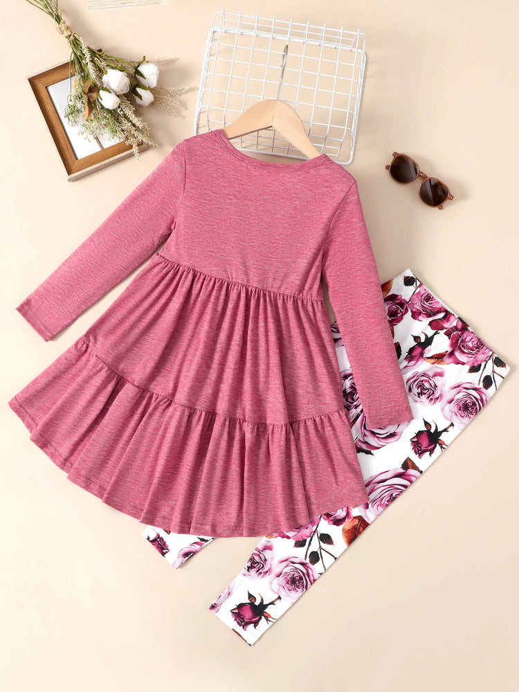 Kid Girl 2pcs Ruffled Irregular Top and Floral Print Leggings Set Roseo