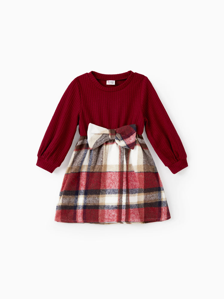 Family Matching Solid Ribbed Spliced Plaid Belted Dresses and Long-sleeve Button Up Shirts Sets MAROON