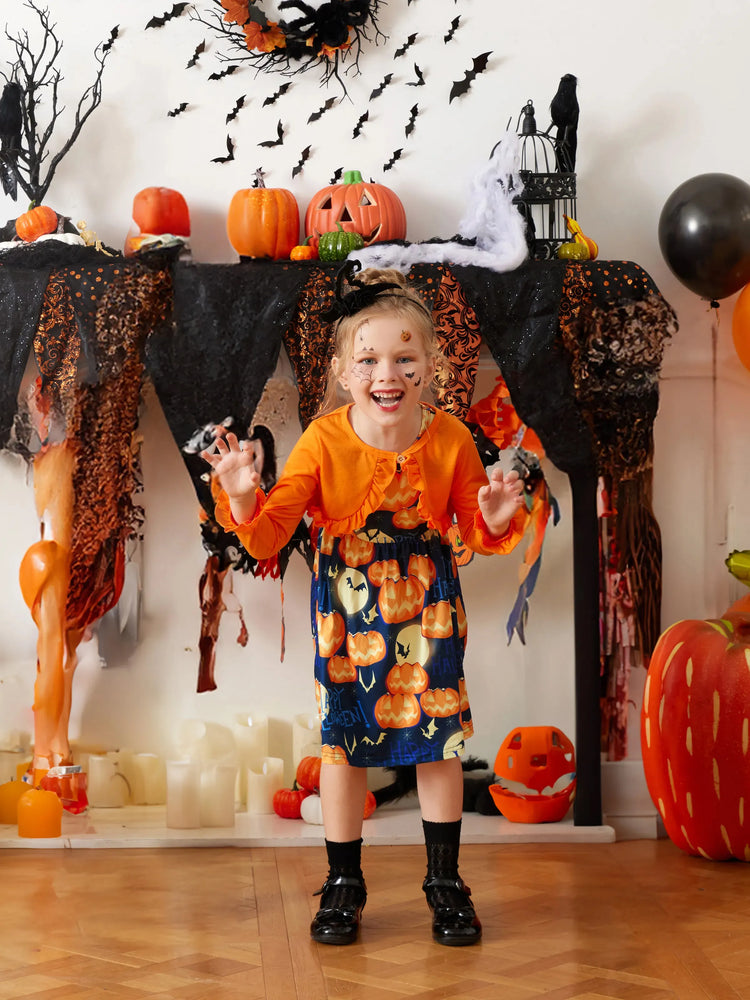 Ensemble 2 pièces pour petite fille, robe sans manches et cardigan à volants, imprimé citrouille, motif Halloween, orange
